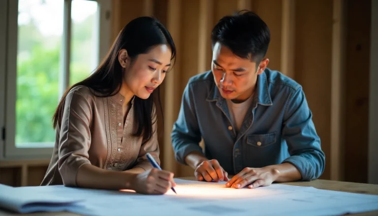เจ้าของบ้านตรวจสอบแผนก่อสร้างกับผู้รับเหมาที่ไซต์งาน